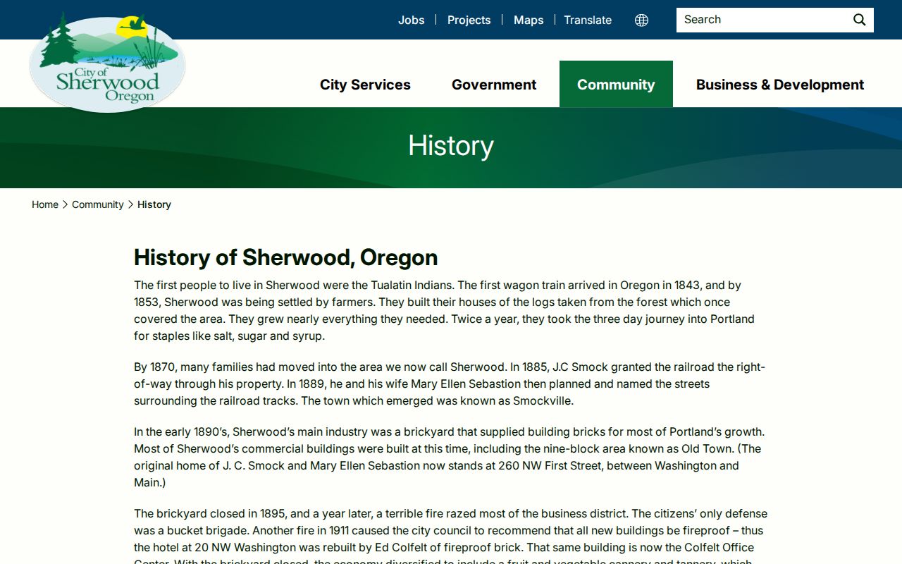 Sherwood city directory research using the City of Sherwood history page