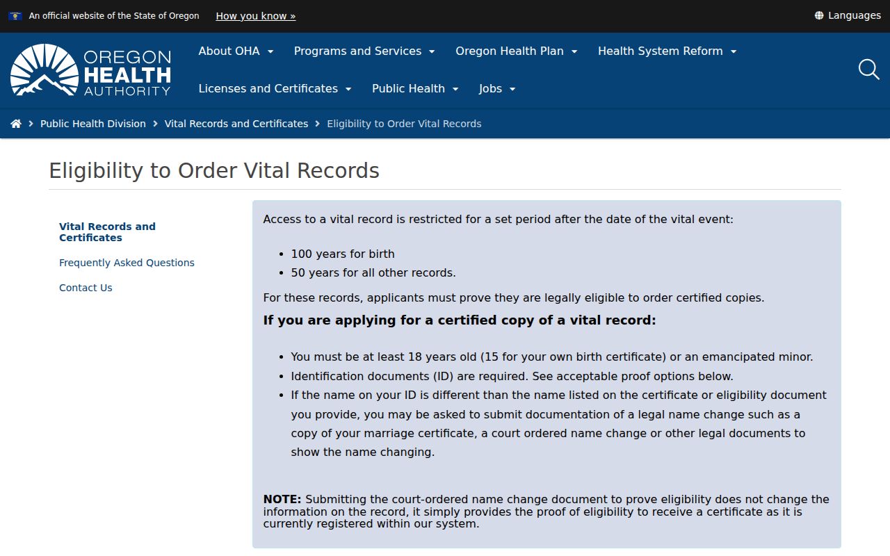 Sherwood residents directory Oregon vital records eligibility rules