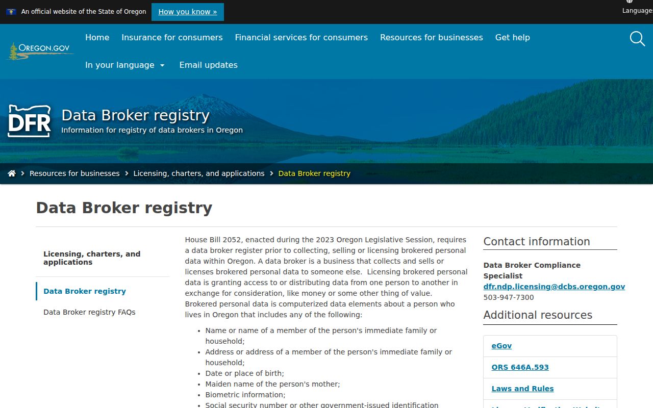 Sherwood neighbors Oregon data broker registry page