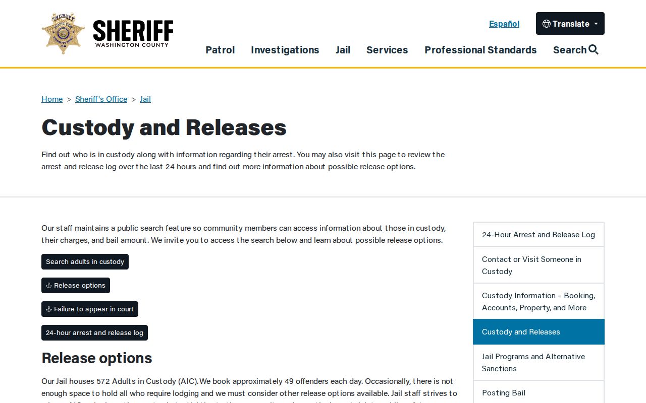 Sherwood previous residents Washington County custody and release search