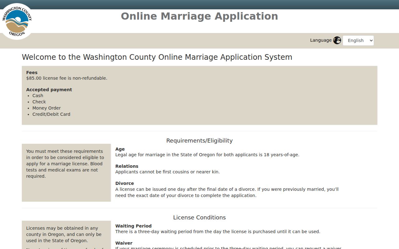 Sherwood previous residents Washington County marriage application