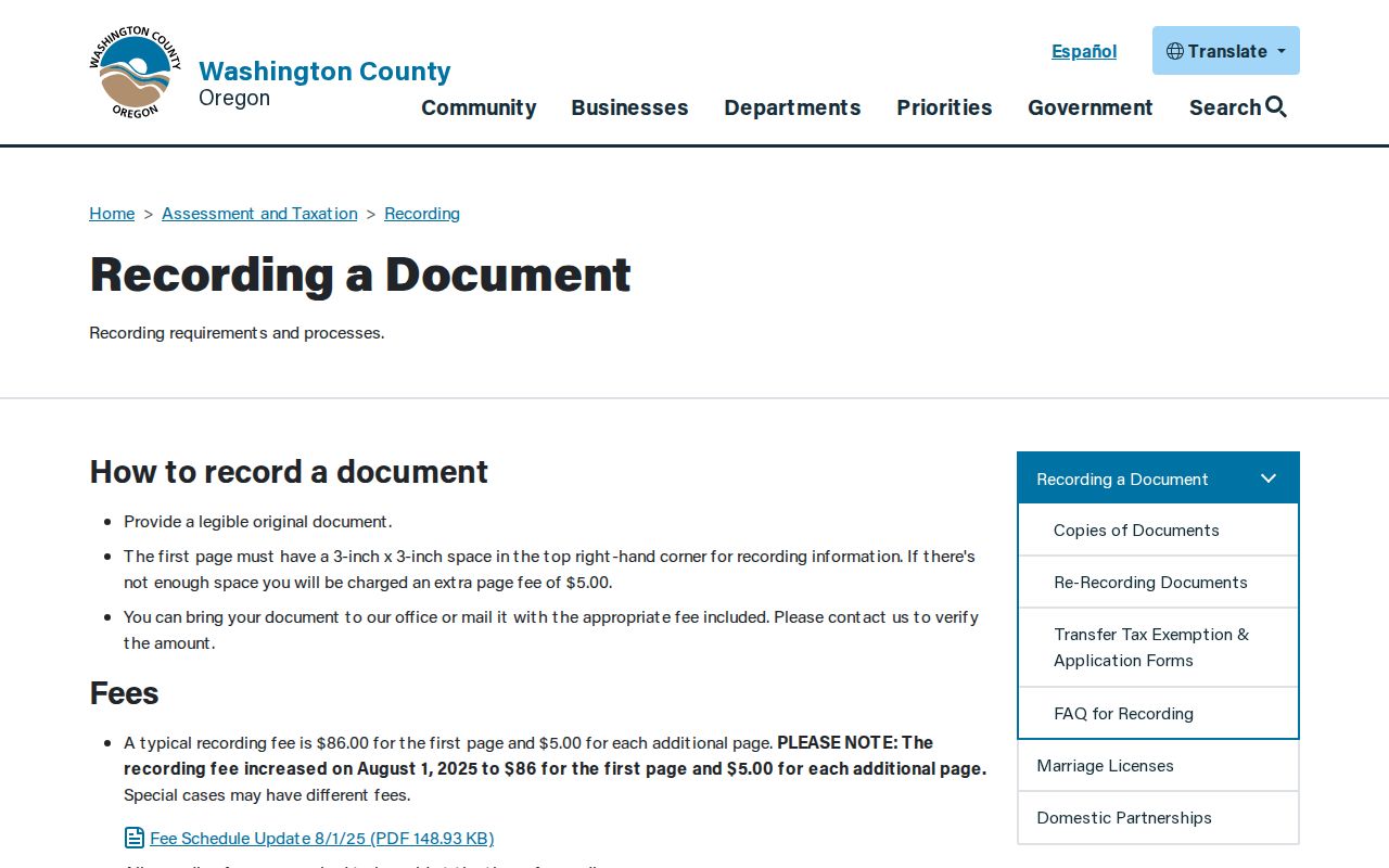Sherwood previous residents Washington County Recording fee notice