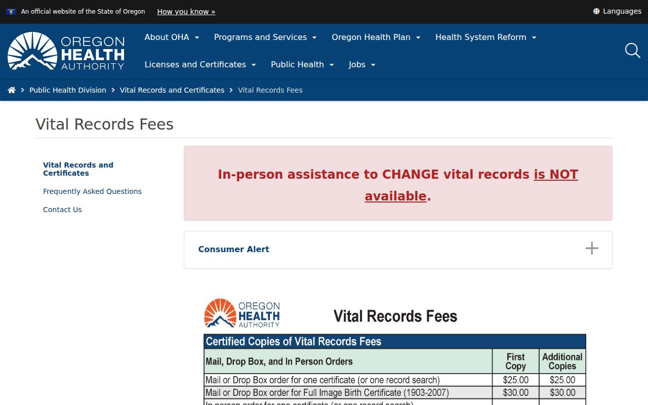 Sherwood resident lookup Oregon vital records fees page