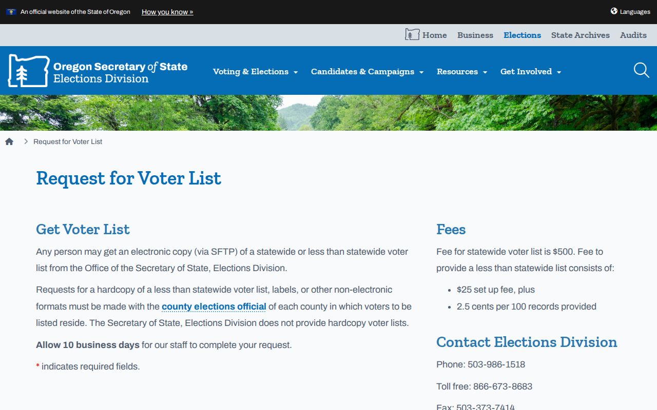 Sherwood resident lookup Oregon voter list request page
