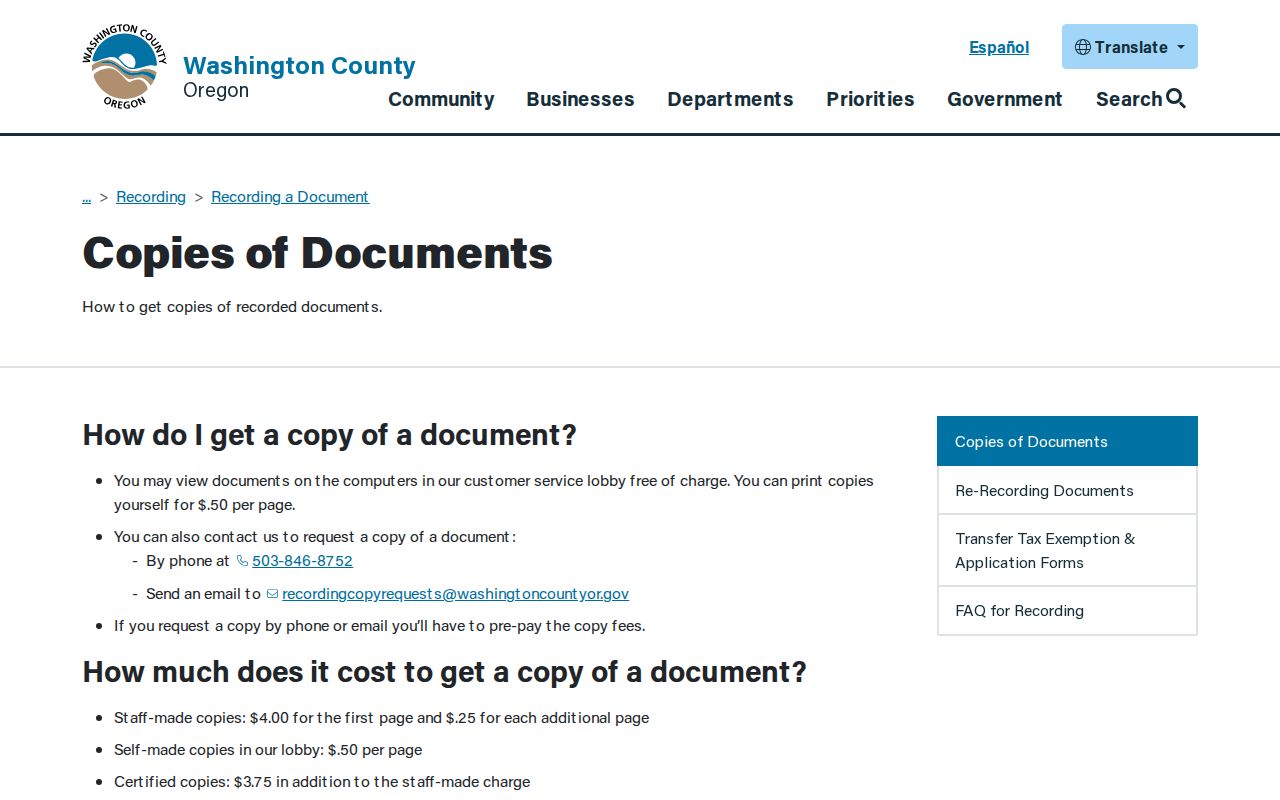 Sherwood street directory Washington County Recording copy options