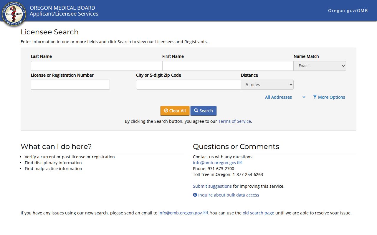 Sherwood ZIP code directory example of Oregon Medical Board ZIP search fields